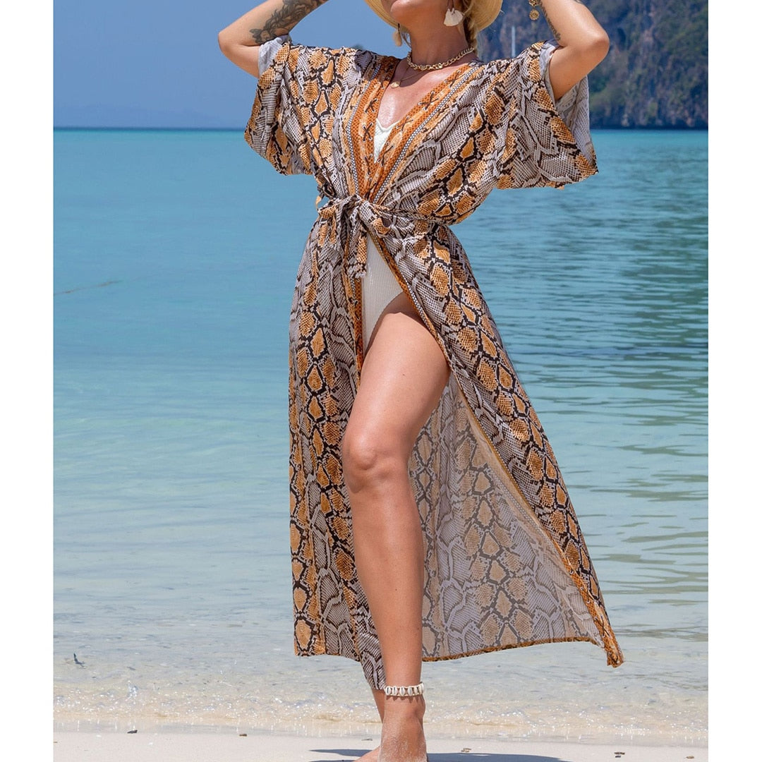 Italian Vacation V Neck Loose Maxi Dress Kimono Swimsuit Coverup  Sunset and Swim Snake One Size 