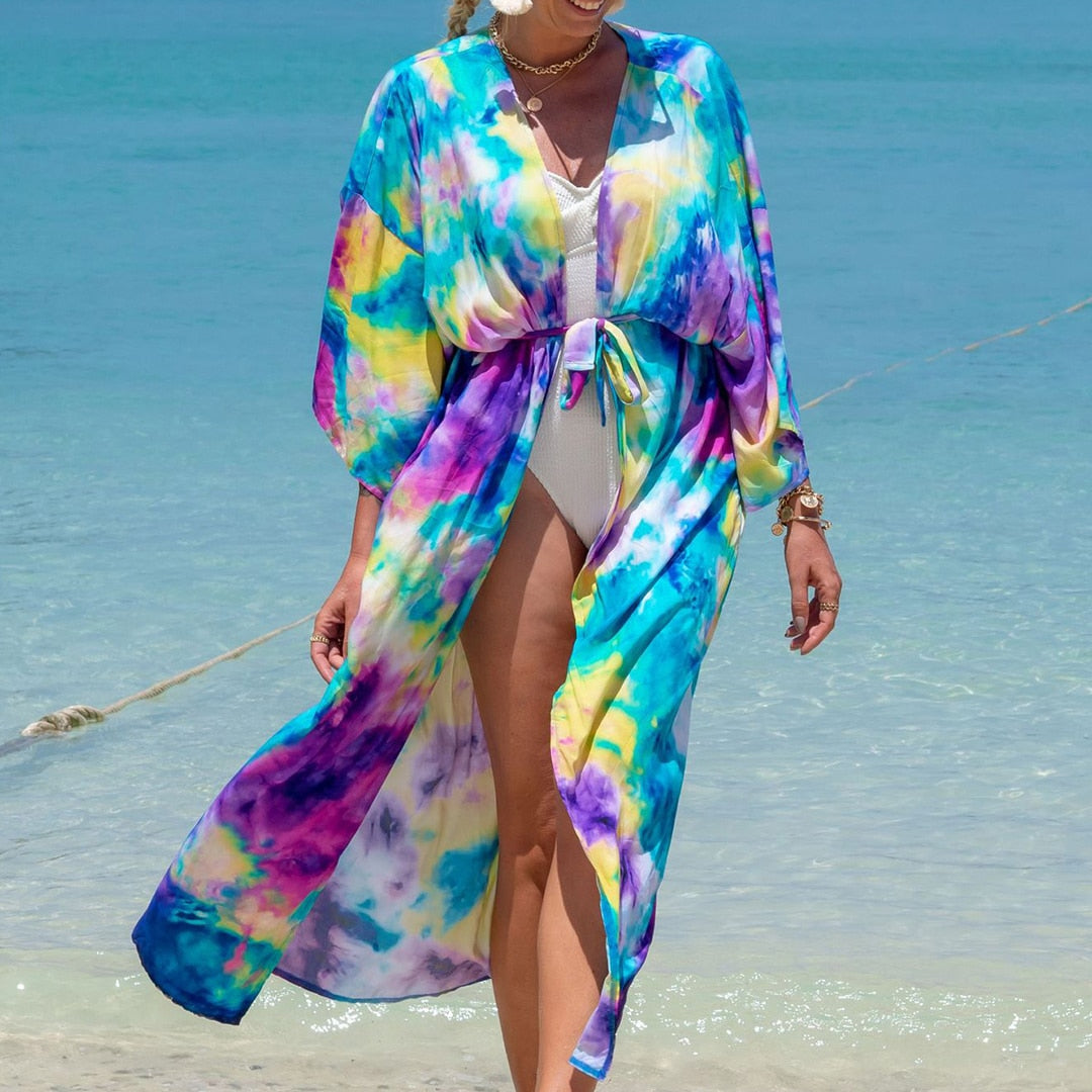 Italian Vacation V Neck Loose Maxi Dress Kimono Swimsuit Coverup  Sunset and Swim Green Purple Tie Dye One Size 