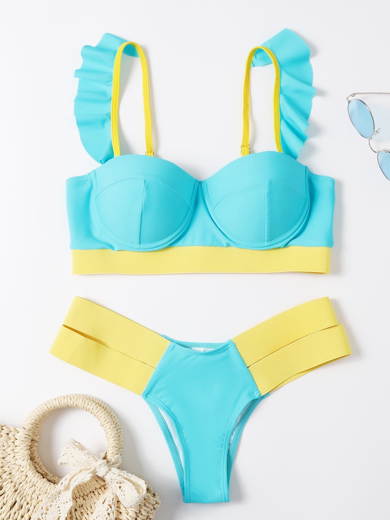 Waves Queen Bandage Brazilian Push Up Bikini  Sunset and Swim Turquoise/Yellow S 