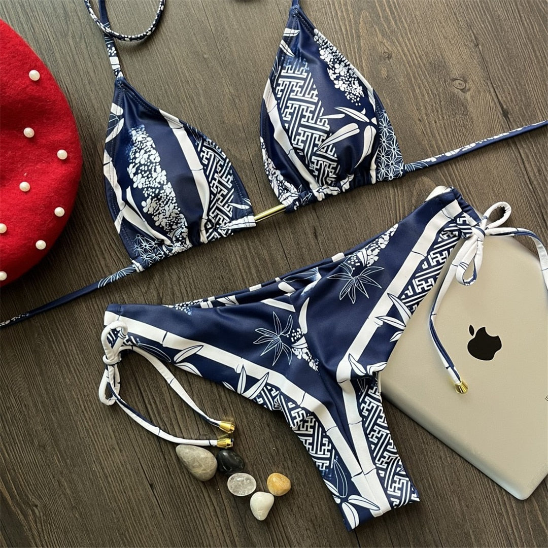 Valencia Cute Halter Triangle Top Bikini  Sunset and Swim Blue Printed S 