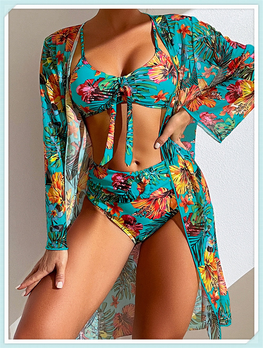 Floral Print Modest Knot Front Bikini including Cover Up Shirt Sunset and Swim   