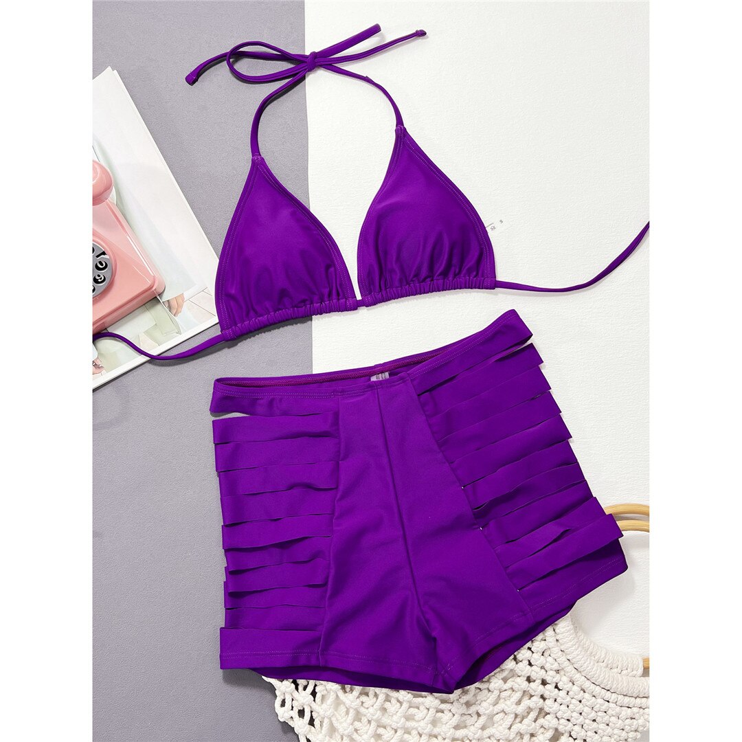 Sexy Halter Strappy Cut Out Shorts Bikini  Sunset and Swim Purple S 
