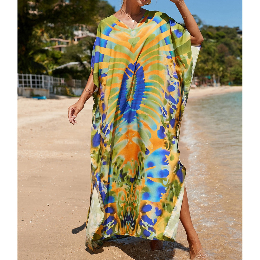 Sunset and Swim Colorful Bohemian Bathing Suit Coverup Kaftan Sunset and Swim Army Green One Size 