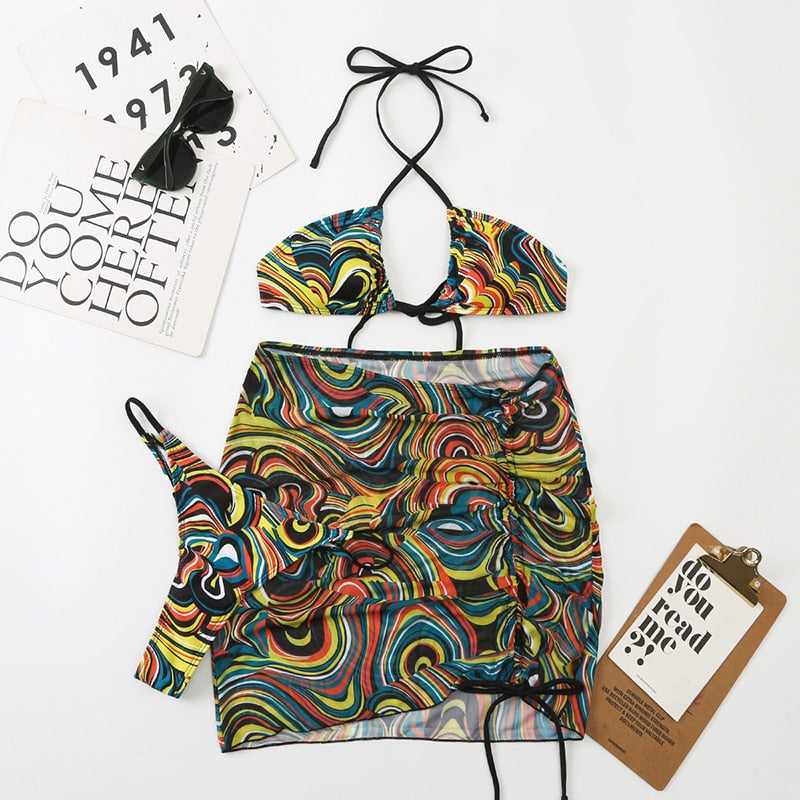 Bali Dreams 3 Piece Bikini Set With Cover Up Skirt  Sunset and Swim ZM22010-HUS S 