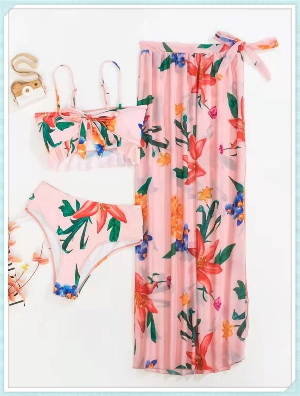 White Lotus 3 Piece Floral Bikini with Beach Skirt Sunset and Swim   