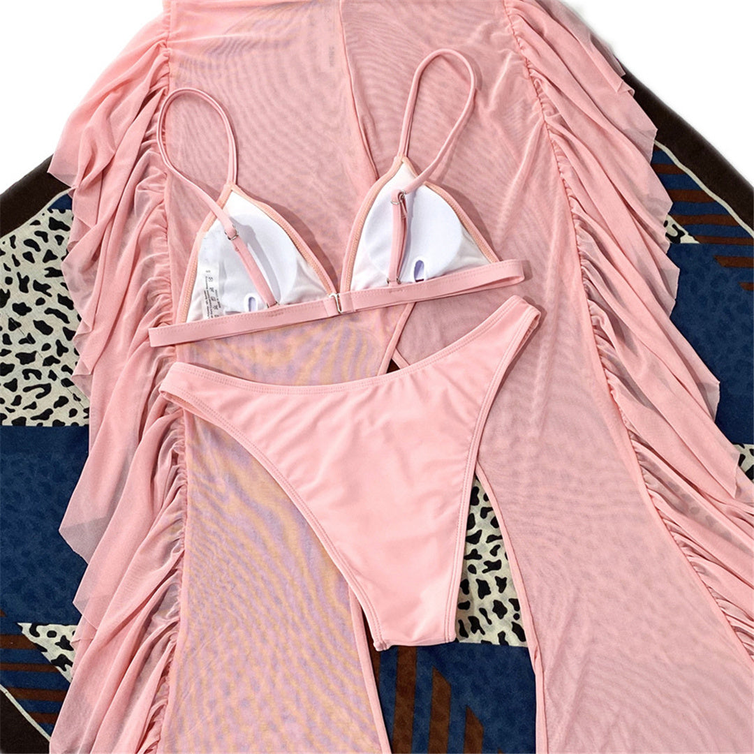 3 Piece Bikini Set with Transparent Mesh Ruffled Beach Cover Up Pants  Sunset and Swim   