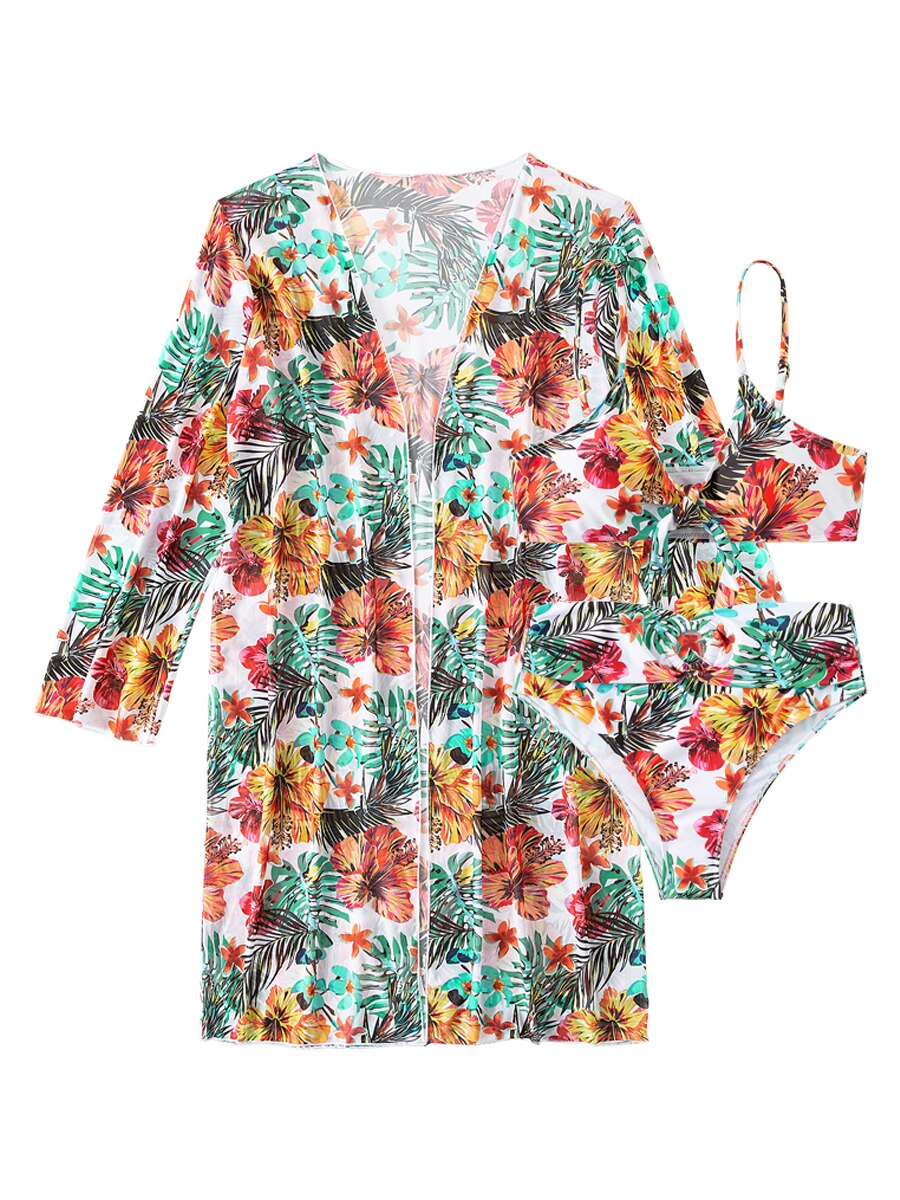 Floral Print Modest Knot Front Bikini including Cover Up Shirt Sunset and Swim   