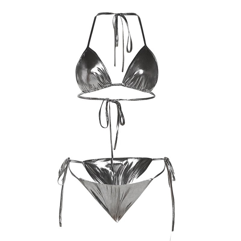 Glimmer Radiant Shiny Metallic Halter Bikini Set  Sunset and Swim Dark Grey S 