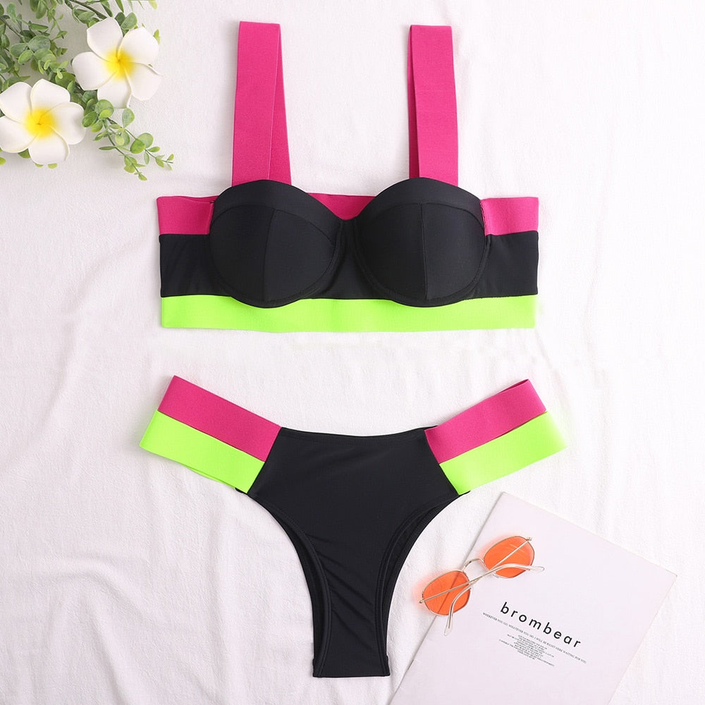 Waves Queen Bandage Brazilian Push Up Bikini  Sunset and Swim Pink/Black/Green S 