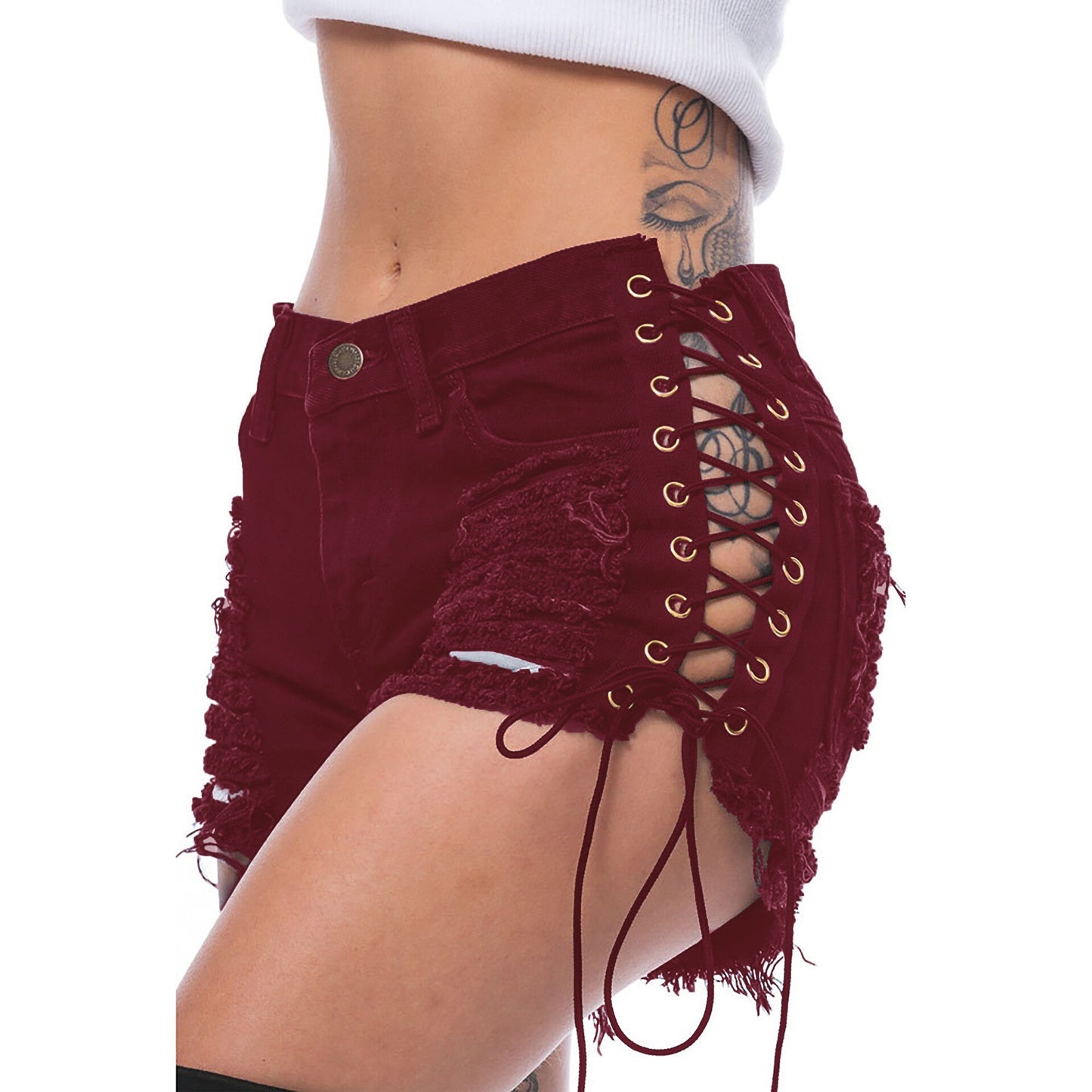 Heartbreaker Ripped Tassel Denim Shorts Sunset and Swim Wine red S 