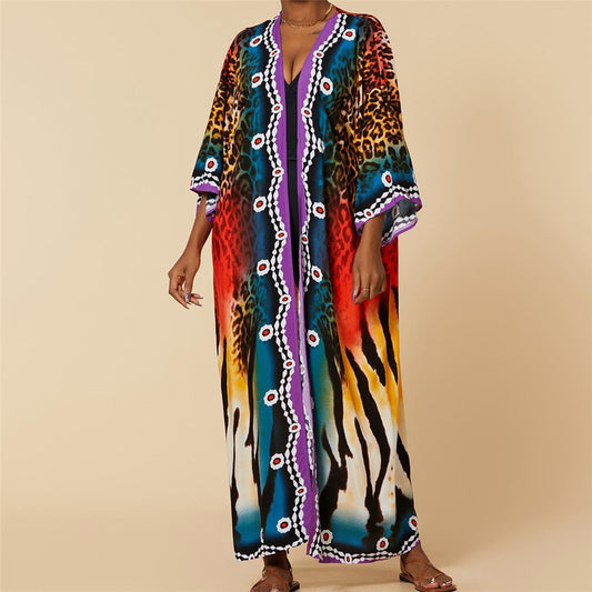 Colorful Leopard Belted Long Beach Cover Up Tunic  Sunset and Swim Colorful Leopard One Size 