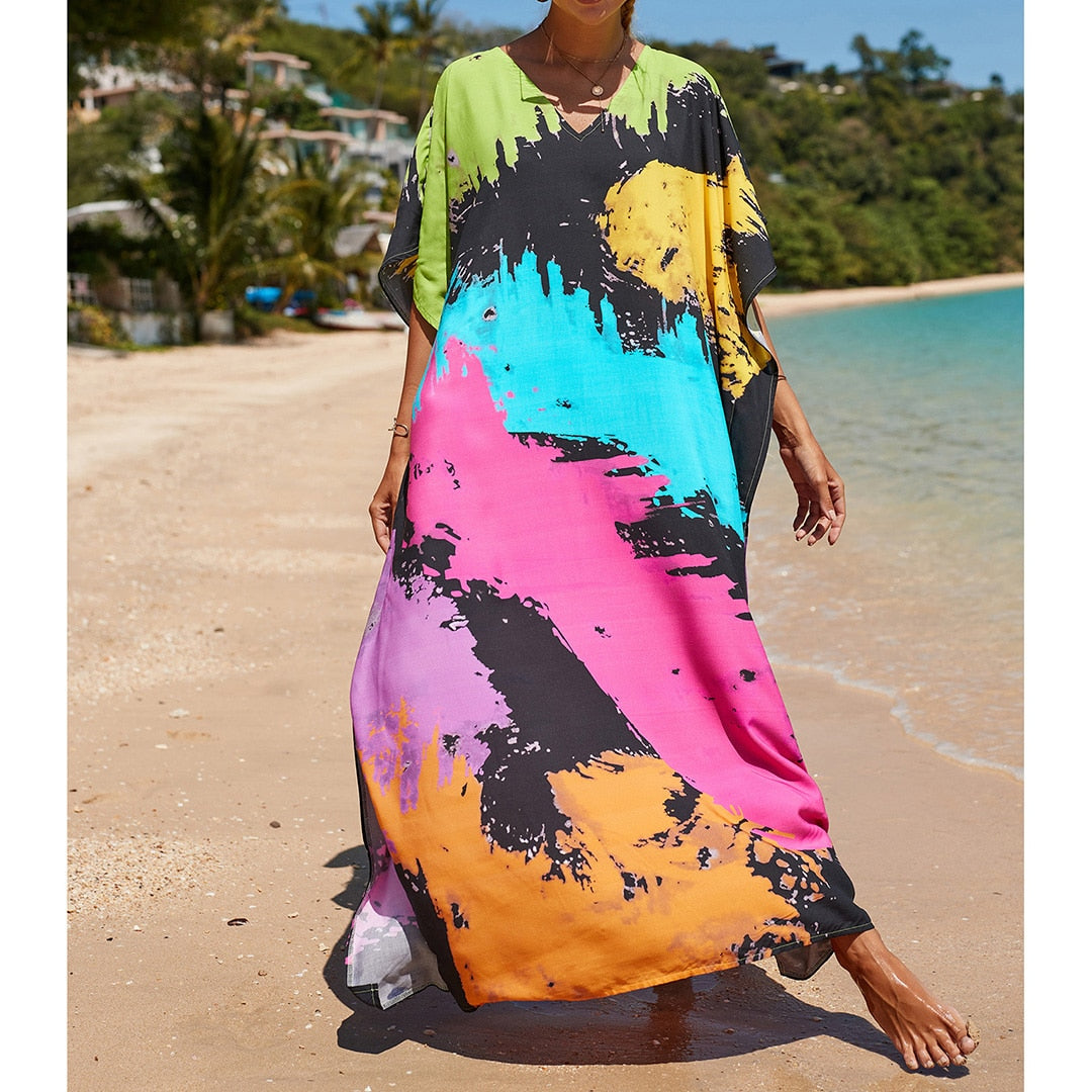 Sunset and Swim Colorful Bohemian Bathing Suit Coverup Kaftan Sunset and Swim Colorful Painting One Size 