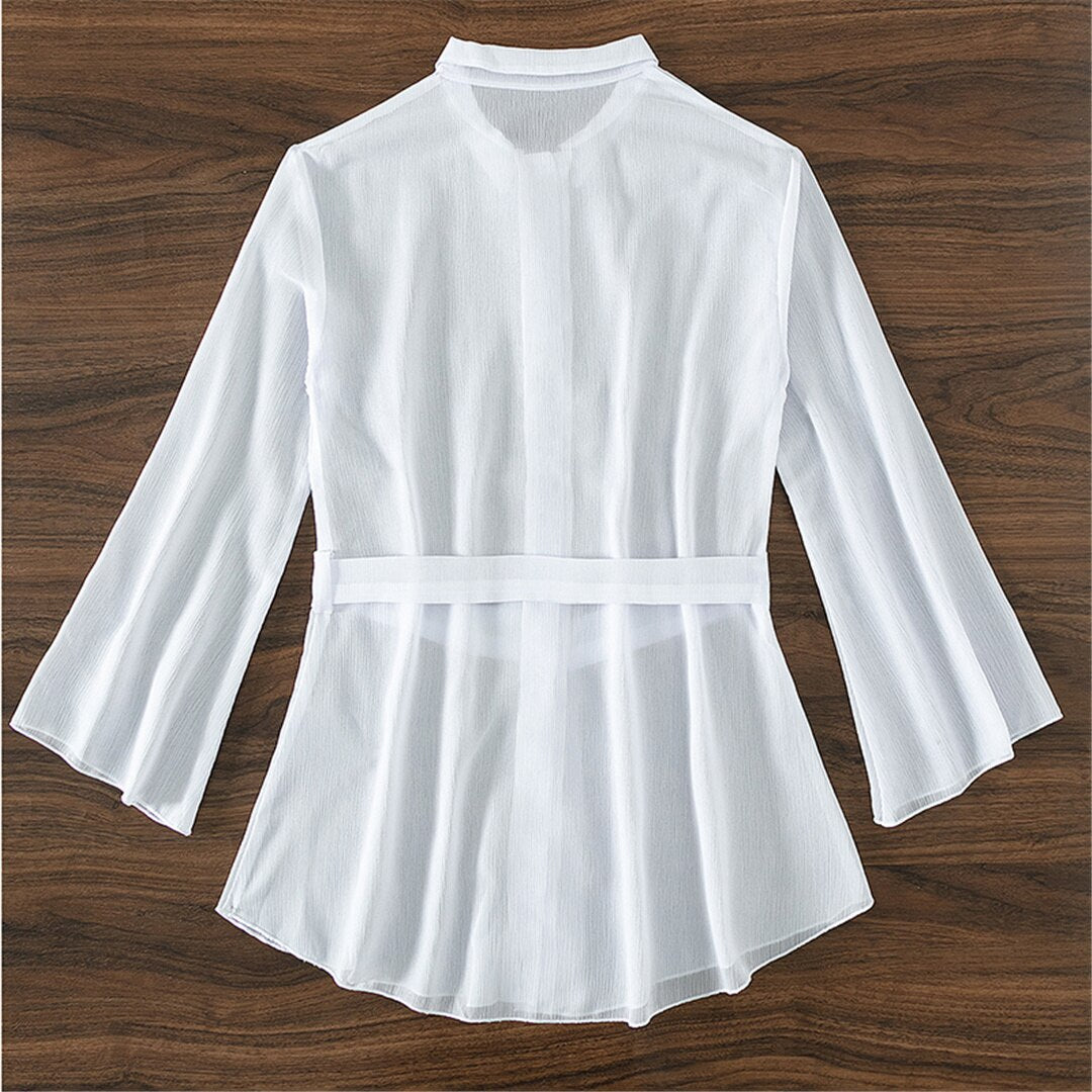 White Long Sleeve Shirt With Belt Bikini Cover Up  Sunset and Swim   