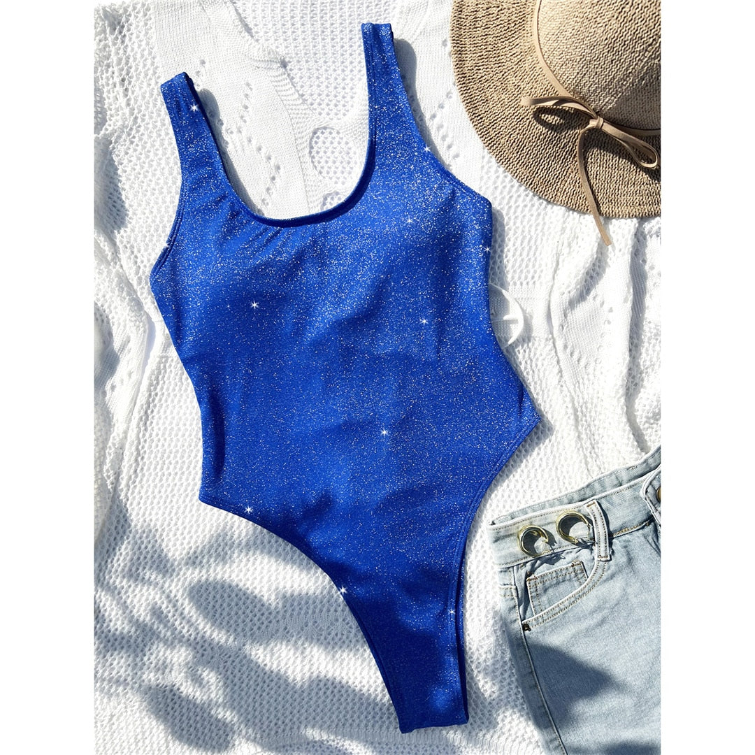 Blue Sexy Glitter Sparkling Lace Up One Piece Swimsuit – Sunset and Swim