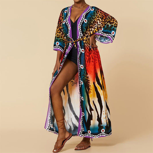 Colorful Leopard Belted Long Beach Cover Up Tunic  Sunset and Swim   