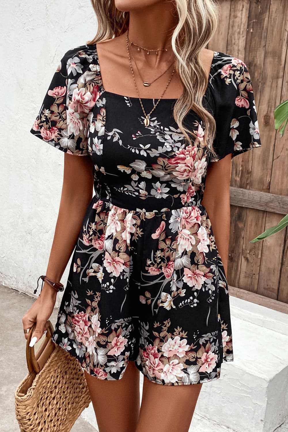 Floral Cutout Tie Back Romper  Sunset and Swim   