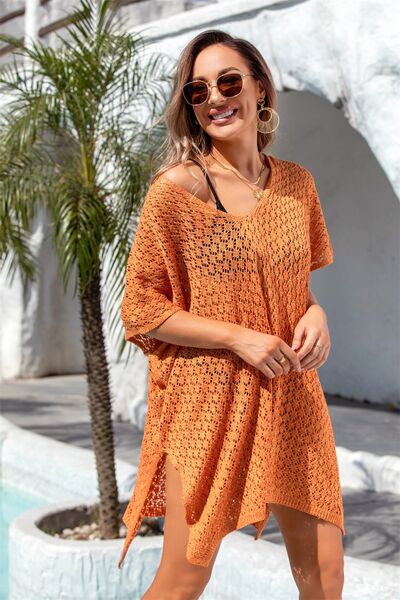 Sunset Vacation  Openwork Slit Scoop Neck Cover Up Sunset and Swim   