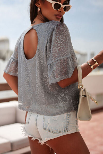 Sequin Cutout Round Neck Blouse  Sunset and Swim   