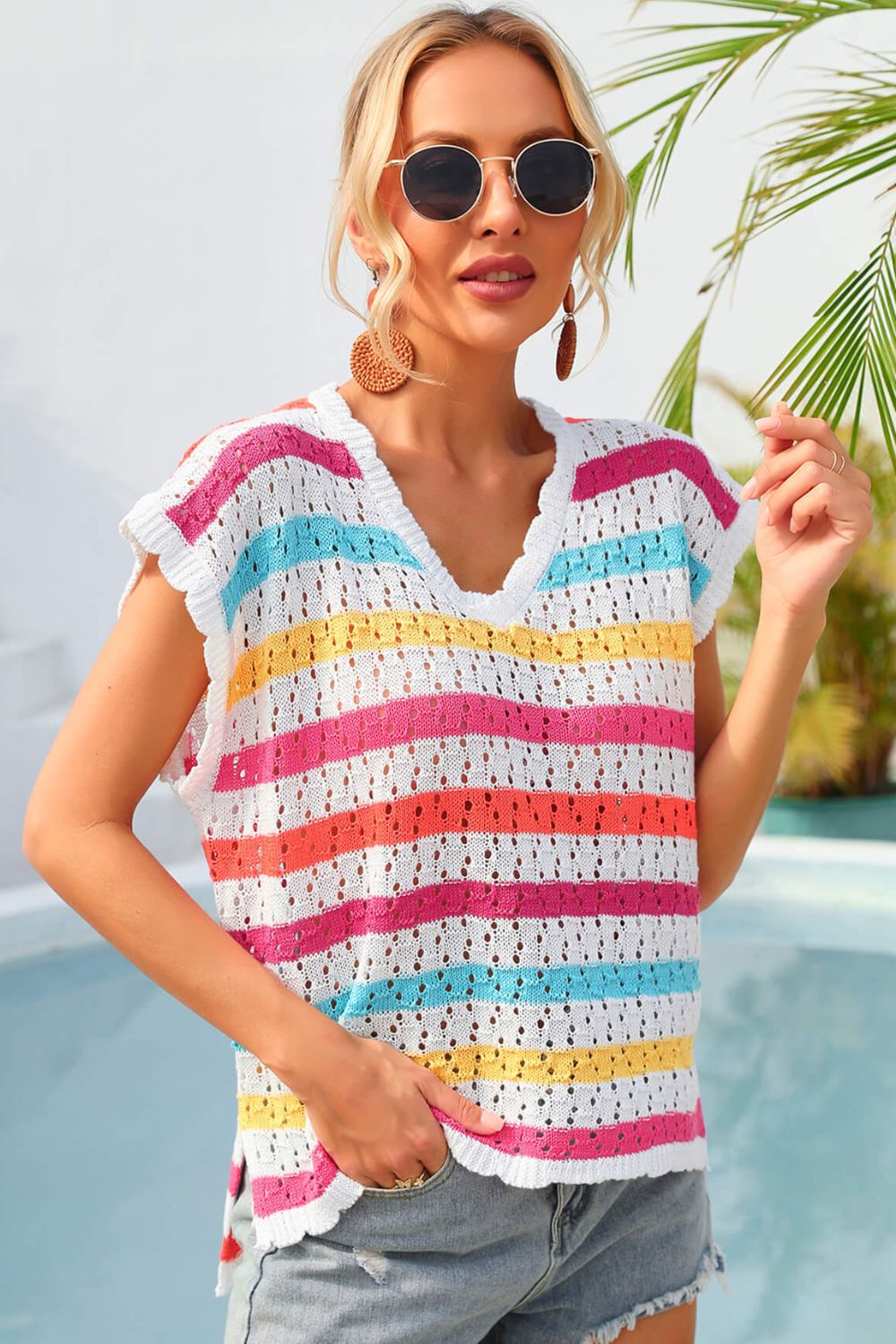 Sunset and Swim Striped V-Neck Slit Cover Up Swimsuit Coverup Sunset and Swim   