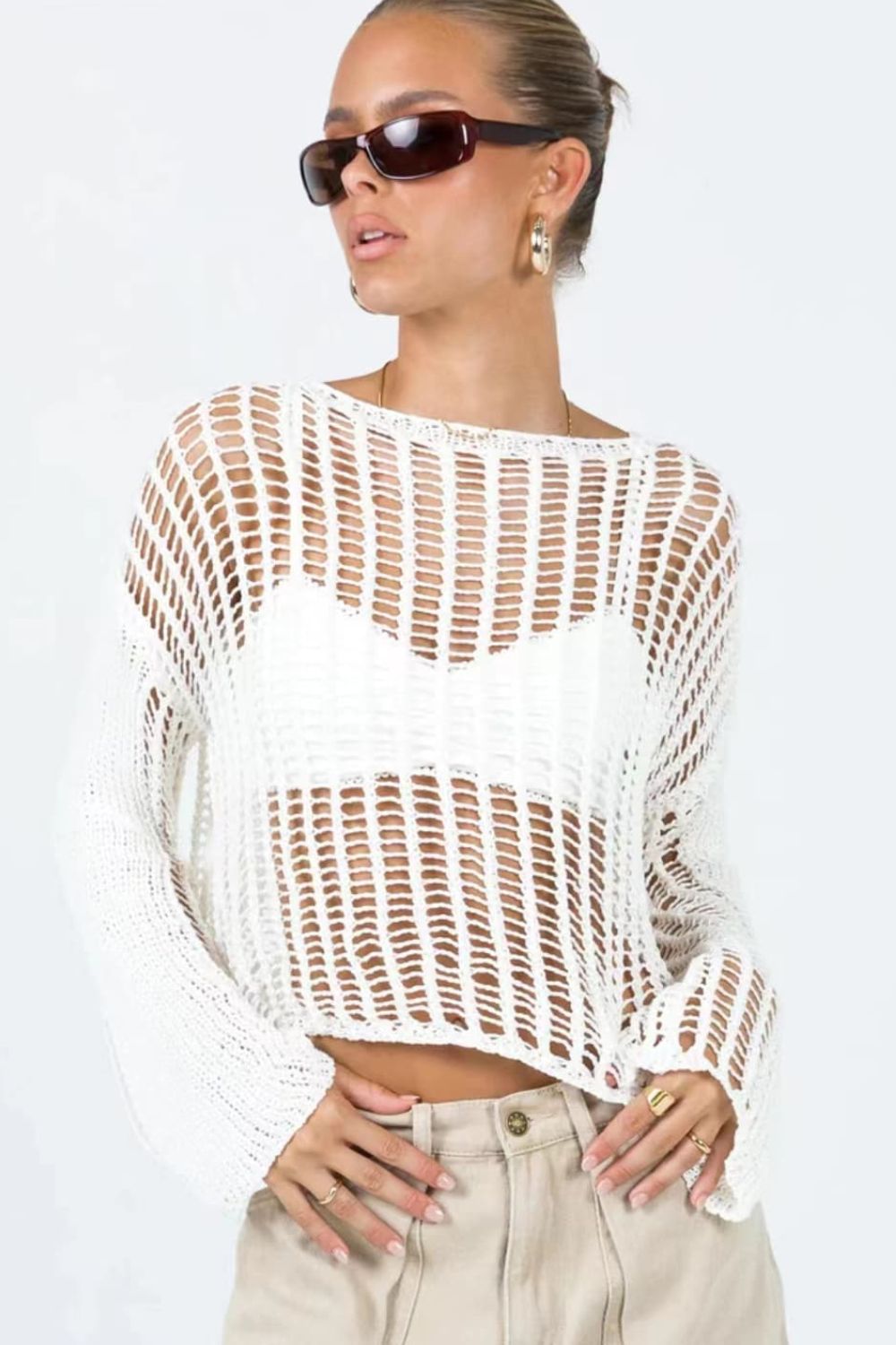 Openwork Boat Neck Long Sleeve Cover Up  Sunset and Swim White S 