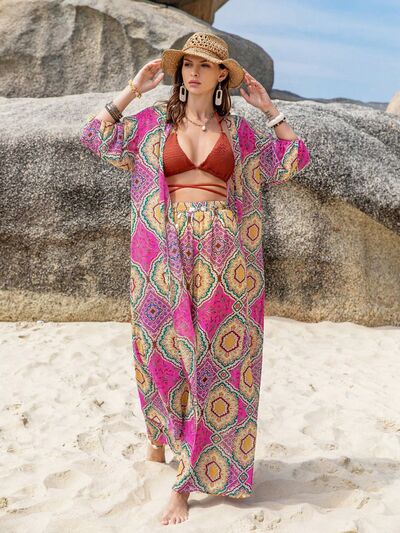 Printed Open Front Cardigan and Pants Set Sunset and Swim   