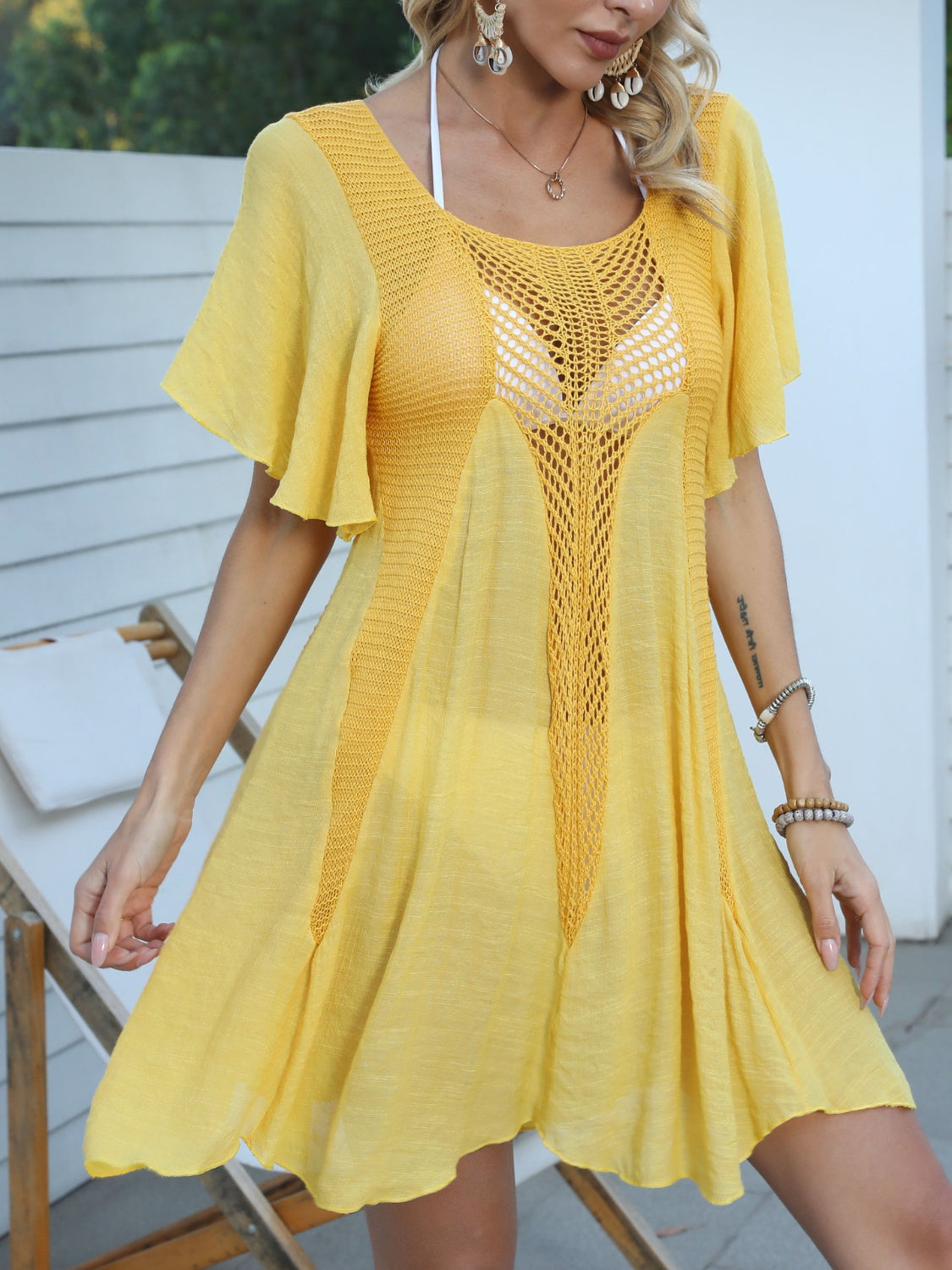 Sunset Vacation  Openwork Flutter Sleeve Cover-Up Dress  Sunset and Swim   