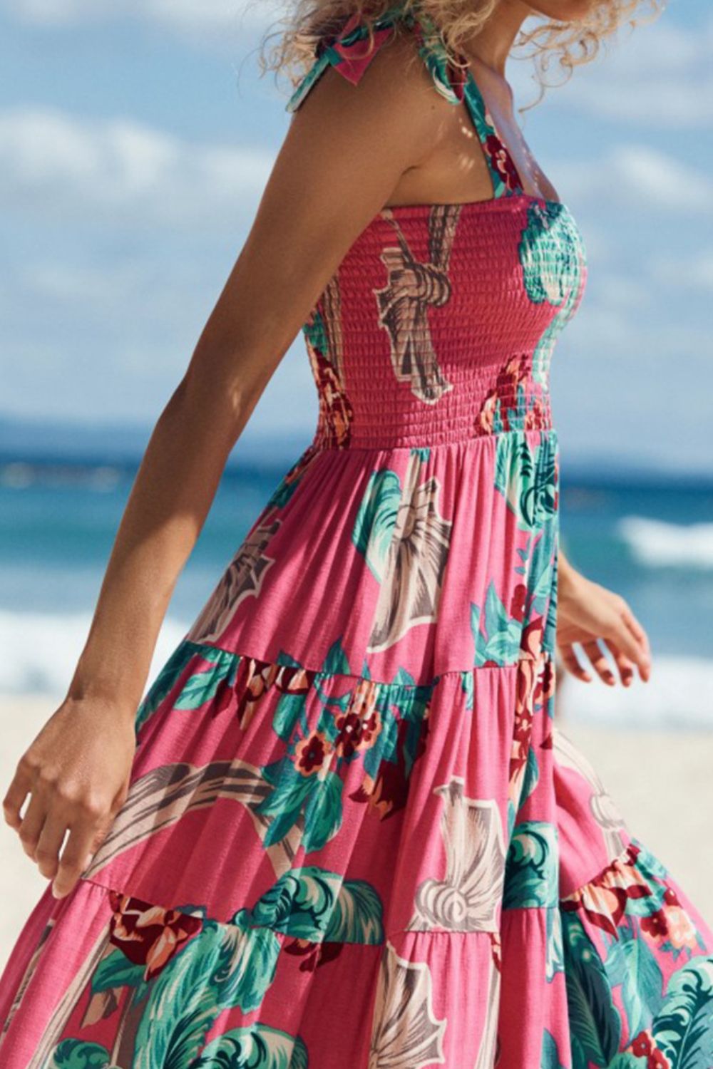 Floral Smocked Tie-Shoulder Tiered Dress Sunset and Swim   