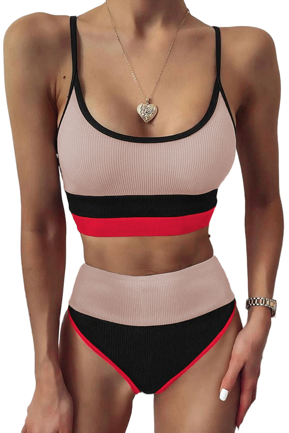 Color Block Spaghetti Strap Two-Piece Swim Set Sunset and Swim Dust Storm S 