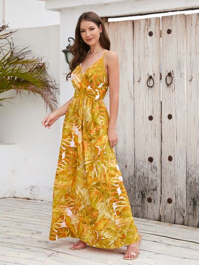 Printed Surplice Spaghetti Strap Dress Sunset and Swim   