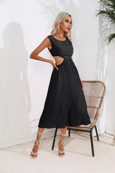 Cutout Ruched Round Neck Tank Dress Sunset and Swim   