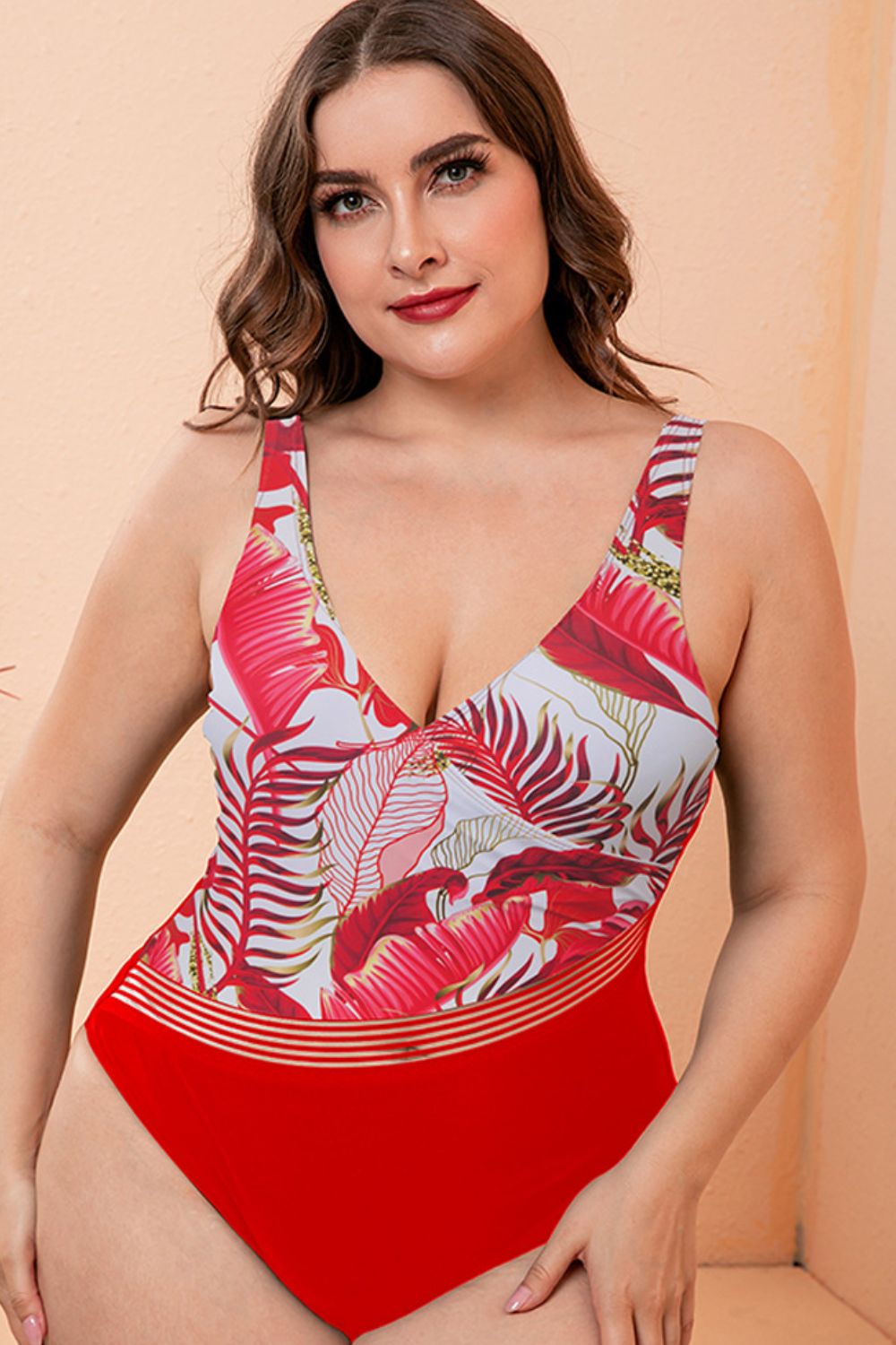Plus Size Two-Tone Plunge One-Piece DD+ Swimsuit  Sunset and Swim Red Floral M 