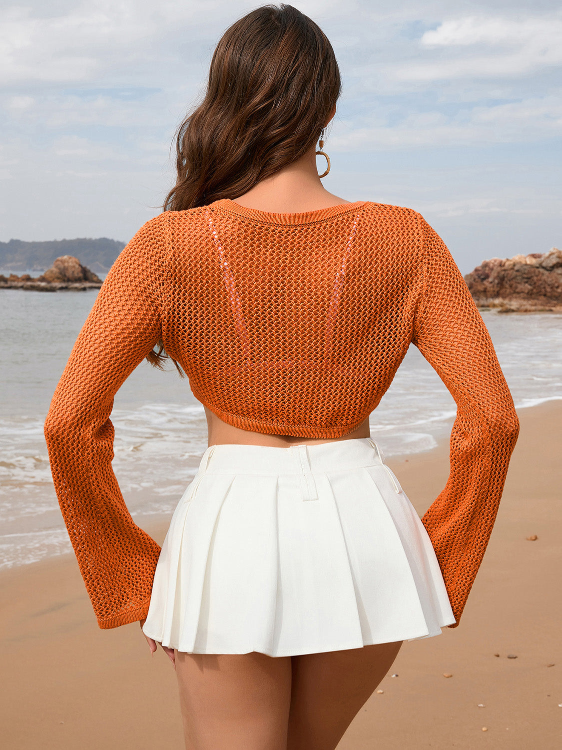 Sunset Vacation  Openwork Long Sleeve Cover-Up  Sunset and Swim   
