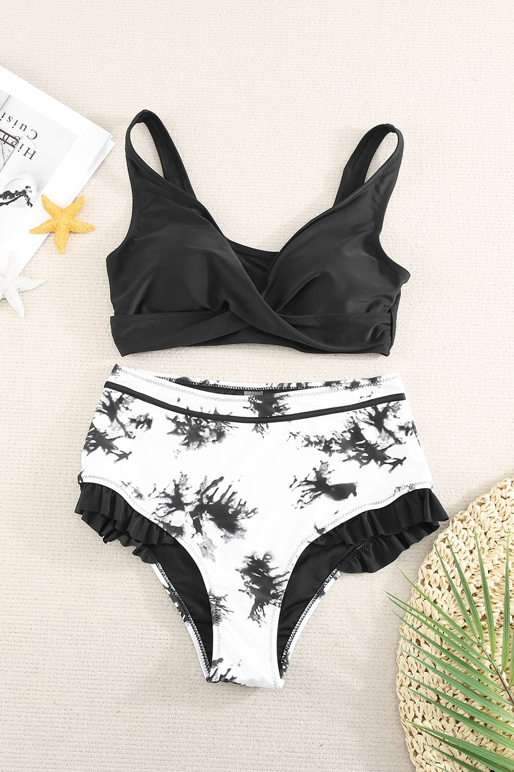 Two-Tone Crisscross Frill Trim Two-Piece Swimsuit  Sunset and Swim Black S 