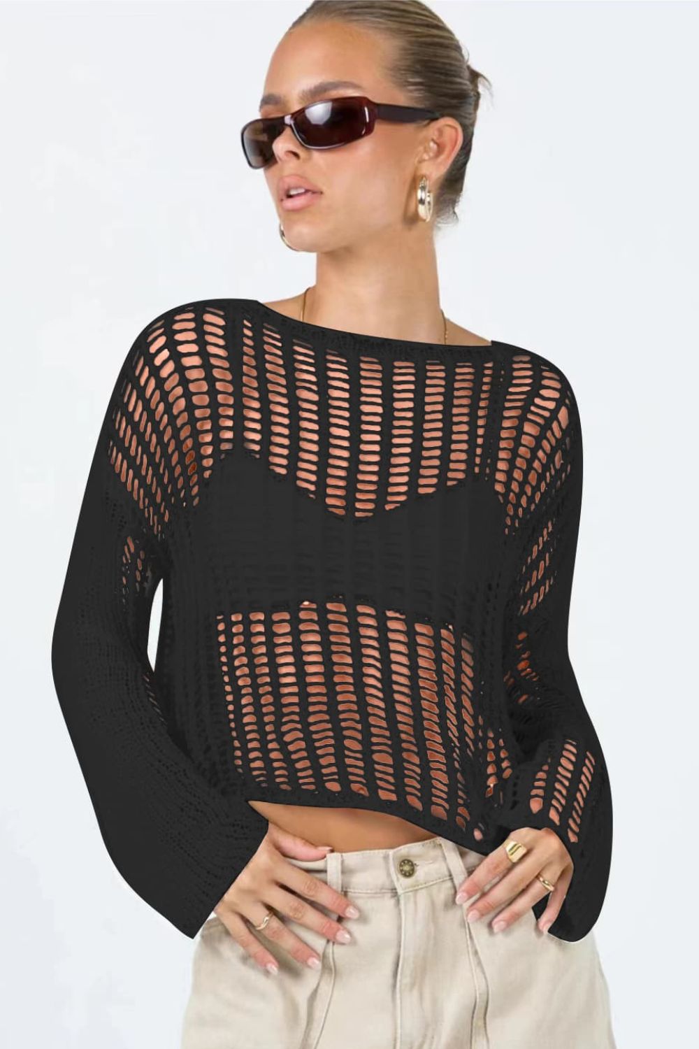 Openwork Boat Neck Long Sleeve Cover Up  Sunset and Swim Black S 