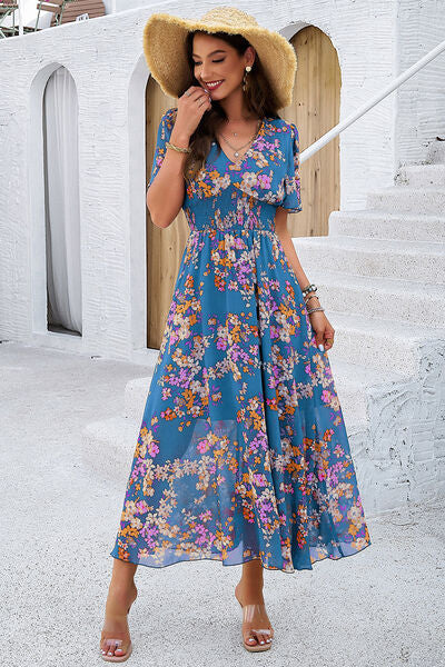 Smocked Floral V-Neck Short Sleeve Dress Sunset and Swim   