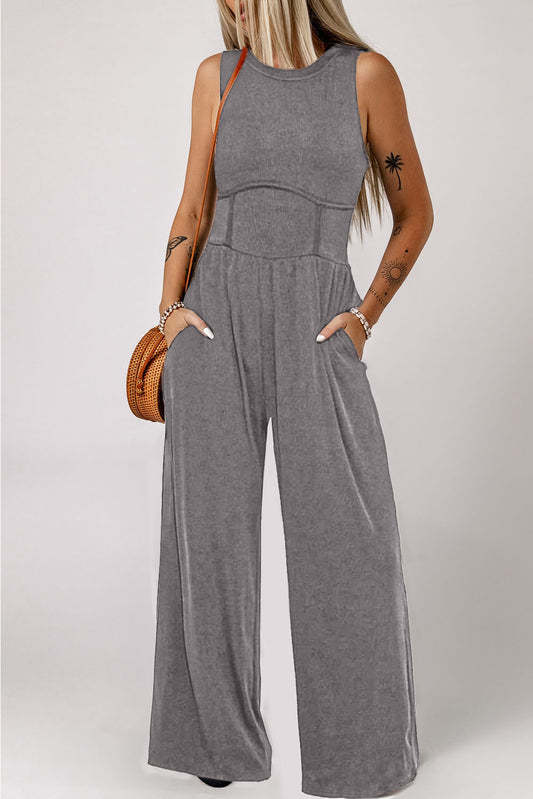 Sunset Vacation  Round Neck Sleeveless Jumpsuit with Pockets Sunset and Swim Charcoal S 