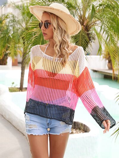 Sunset Vacation  Color Block Openwork Boat Neck Cover Up Sunset and Swim   