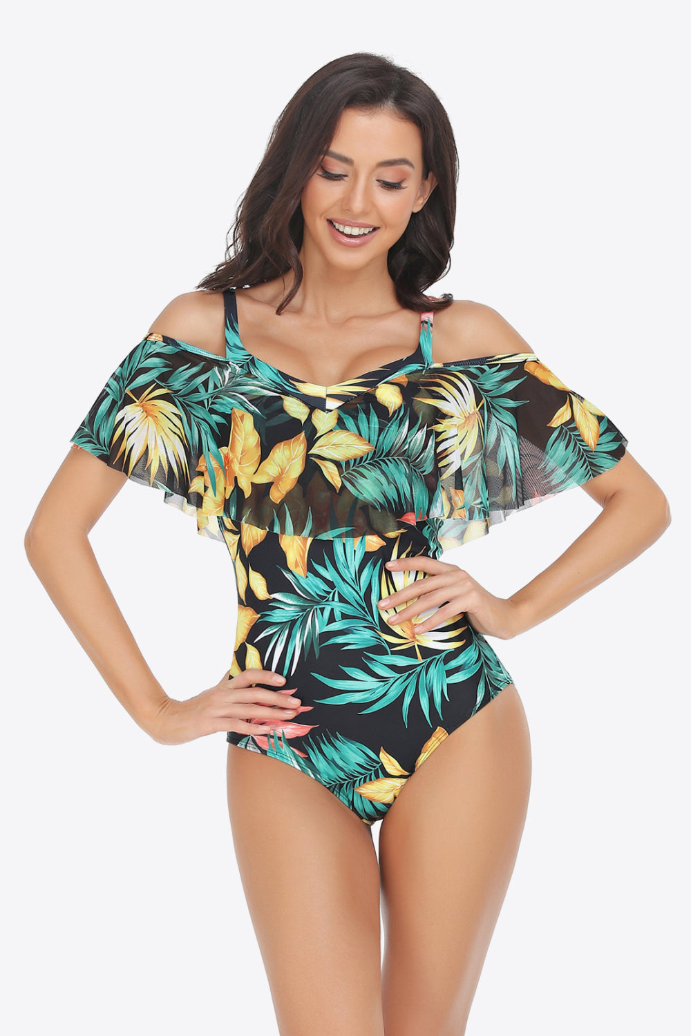 Sunset and Swim Botanical Print Cold-Shoulder Layered One-Piece Swimsuit  Sunset and Swim Leaf S 