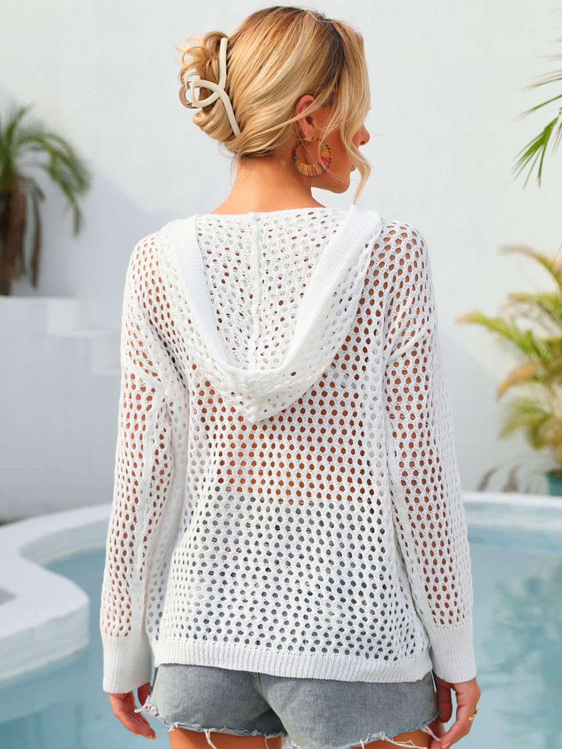 Sunset and Swim Flower Graphic Lace-Up Openwork Hooded Cover Up  Sunset and Swim   