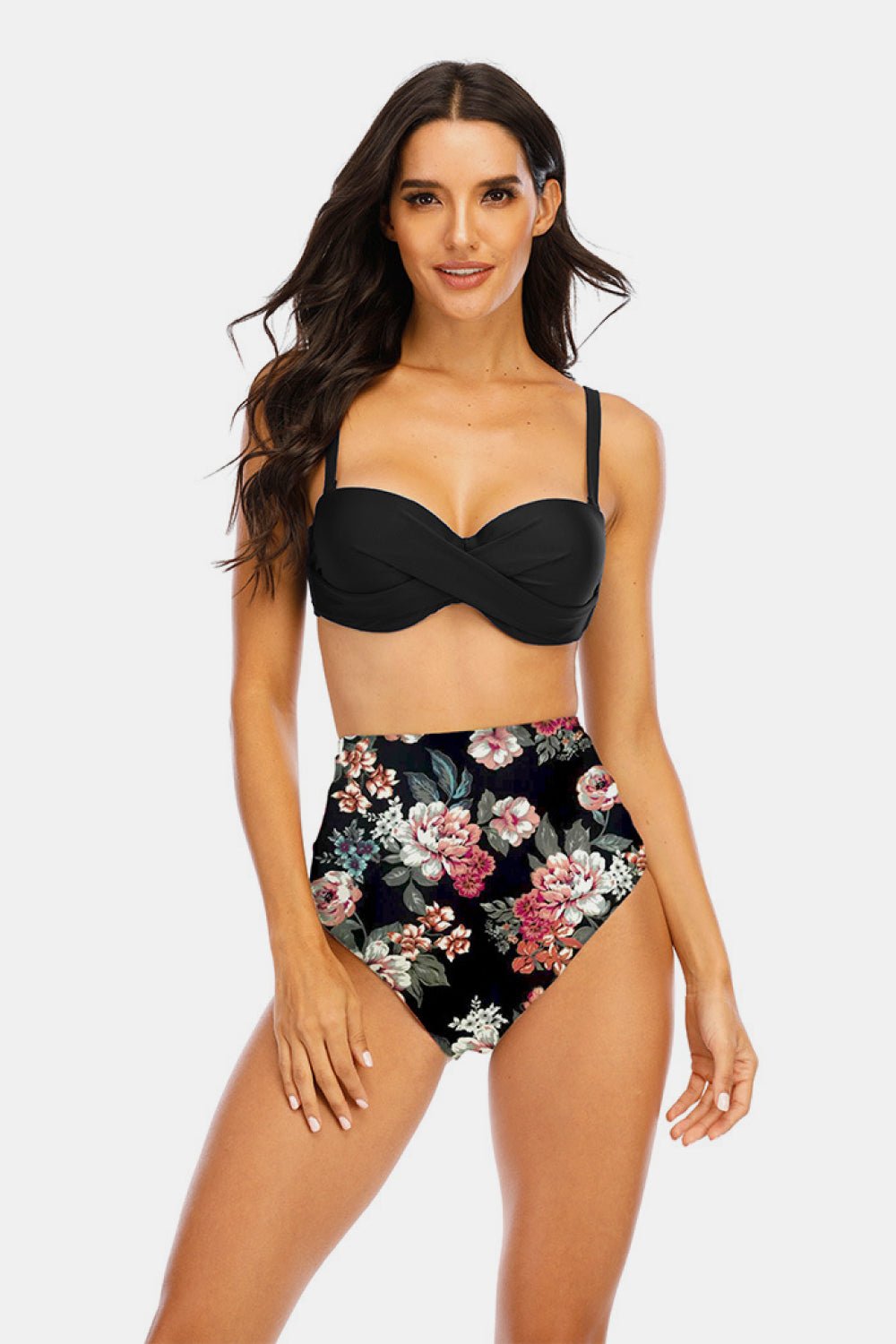 Adriana Printed High Waist Plus Size Crisscross Spaghetti Strap DD+ Bikini Set  Sunset and Swim Black/White Floral M 