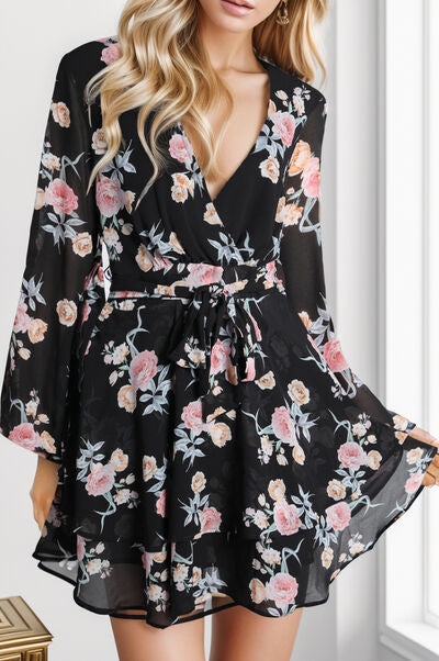 Printed Surplice Balloon Sleeve Mini Dress Sunset and Swim   