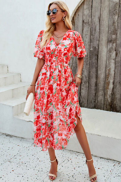 Smocked Printed V-Neck Short Sleeve Dress Sunset and Swim   