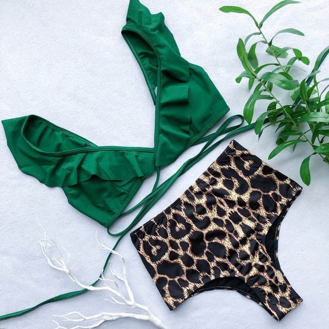Alana High Waist Ruffle Top Bikini  Sunset and Swim Green L 