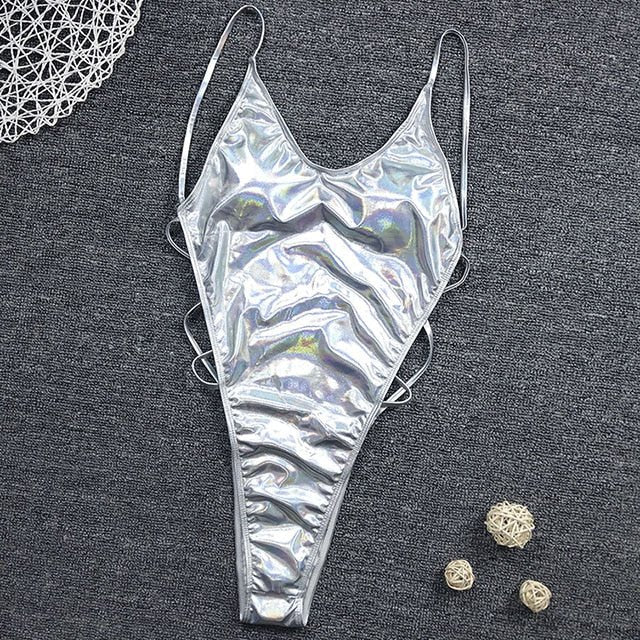 Alessa High Cut Thong Swimsuit One Piece G String Swimsuit  Sunset and Swim Silver S 
