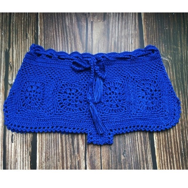 Amore Crochet Boho Bohemian Swim Bikini Shorts  Sunset and Swim Blue One Size 