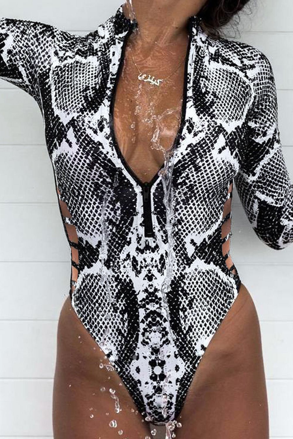 Animal Print Zipper Cut-Out Wetsuit Zip Up Swimsuit  Sunset and Swim   