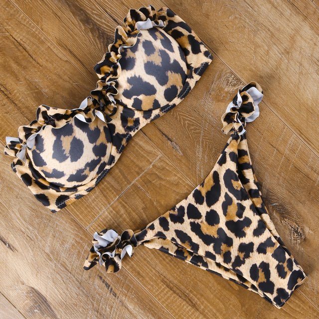 Ashley Sexy Brazilian Bandeau Push-up Bikini  Sunset and Swim Leopard Ruffle S 