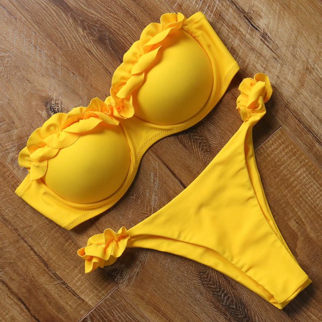 Ashley Sexy Brazilian Bandeau Push-up Bikini  Sunset and Swim Yellow Ruffle M 