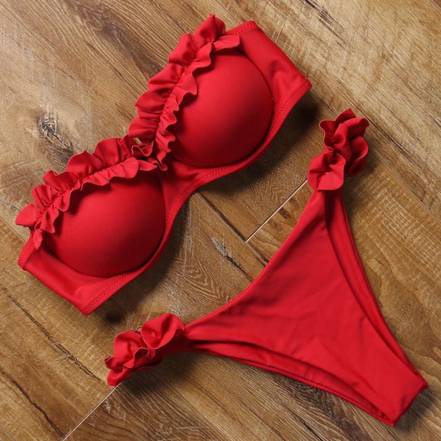 Ashley Sexy Brazilian Bandeau Push-up Bikini  Sunset and Swim Red Ruffle S 