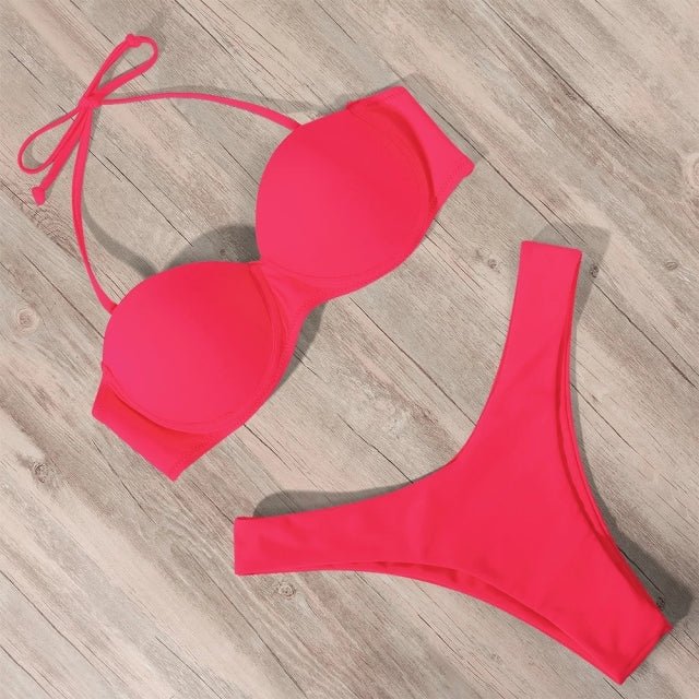 Ashley Sexy Brazilian Bandeau Push-up Bikini  Sunset and Swim Red with Straps L 